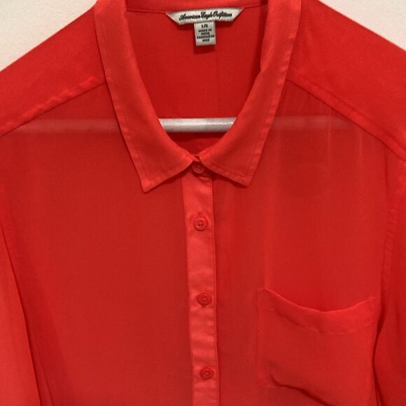 American Eagle Outfitters Long Sleeve Semi Sheer Neon Orange Blouse. Size Large. - Picture 2 of 6